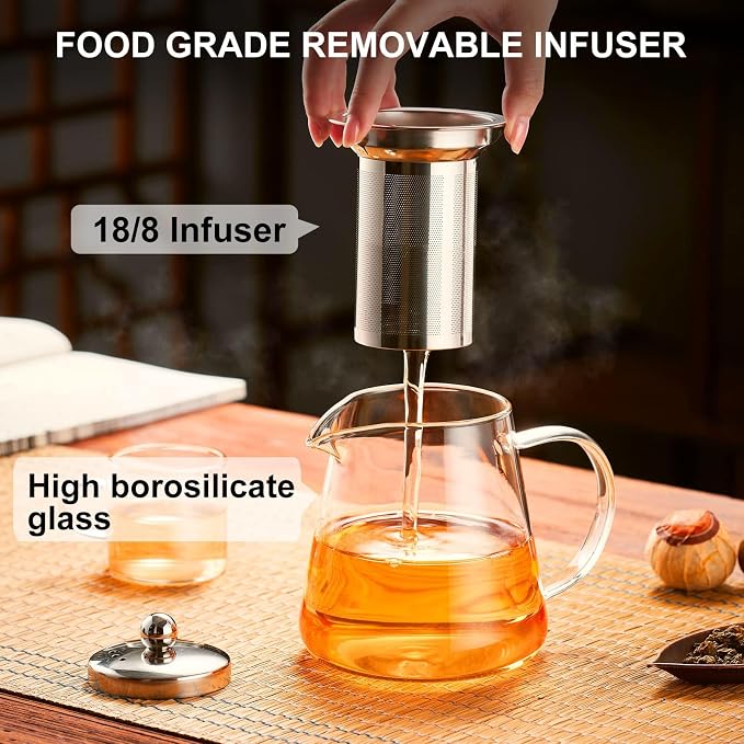 PARACITY Glass Teapot Stovetop 44 OZ, Borosilicate Clear Tea Kettle with Removable 18/8 Stainless Steel Infuser, Teapot Blooming and Loose Leaf Tea Maker Tea Brewer for Camping, Travel (1300ml) | A clear borosilicate tea maker/tea brewer uses an 18/8 s...
