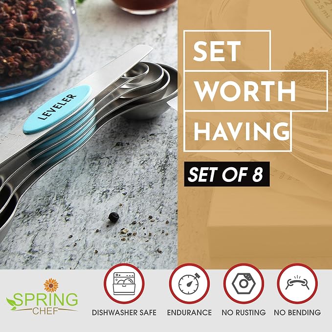 Spring Chef Stainless Steel Magnetic Measuring Spoons Set of 8, Aqua Sky | Nesting Metal Teaspoon & Tablespoon Measuring Spoons with Leveler for Dry & Liquid Ingredients, Dual Sided, Dishwasher Safe