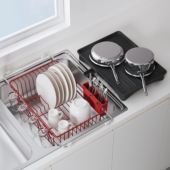 JASIWAY Red Dish Drying Rack in Sink with Drainboard and Utensil Holder | Use Over the Sink or Counter, Stainless Steel Expandable Dish Drainer for Small Kitchen, Space Saving, Fast Drain, Rustproof
