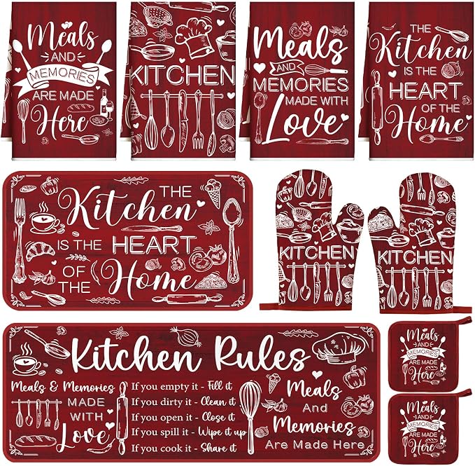 Fourluoo 10 Pcs Red Kitchen Decor and Accessories Oven Mitts and Pot Holders Sets Red and White Dish Towels Farmhouse Kitchen Rugs Mats for Home Baking Cooking Birthday Summer Decorations Women Gifts