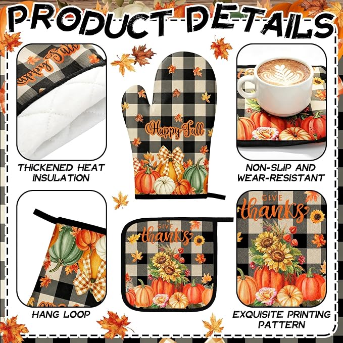 Fourluoo 10 Pcs Kitchen Dish Towels Rugs Oven Mitts and Pot Holders Set Farmhouse Kitchen Decor Set for Women Mom Daughter Gift Cooking Baking Grilling(Harvest Color,Pumpkin)
