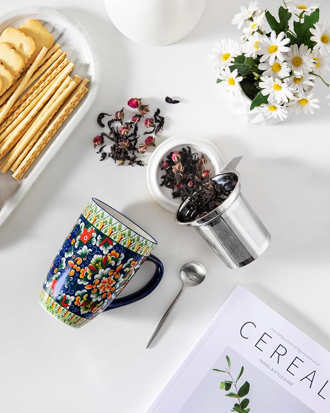 vancasso Ceramic Tea Mug with Infuser and Lid, 18 Ounce Bohemian Loose Leaf Cup, Microwave & Dishwasher Safe, Perfect for Tea, Coffee, Sage-Scarlet Floral