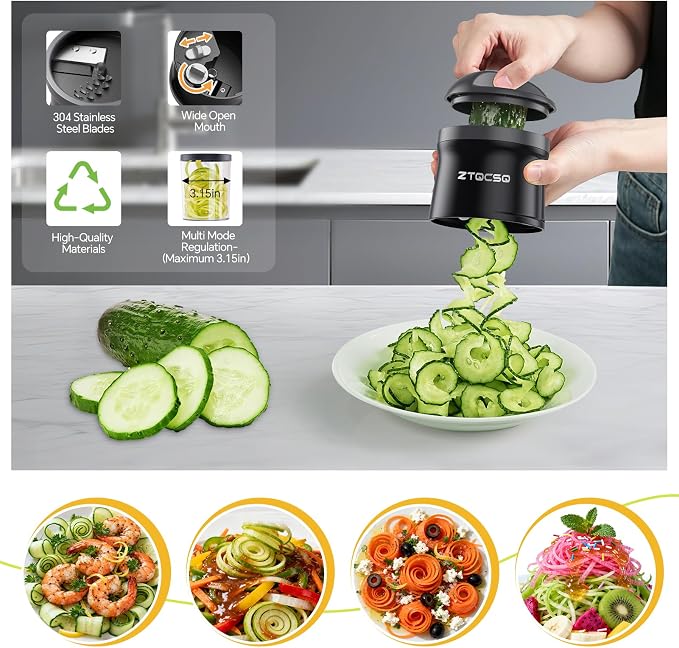 5 in 1 Safe Vegetable Mandoline Slicer for Kitchen, Adjustable Thickness | Zucchini Spiralizer Veggie Noodle Maker for Cucumber/Zoodle/Salad/Spaghetti/Pasta with Food Container, Cleaning Brush, Black