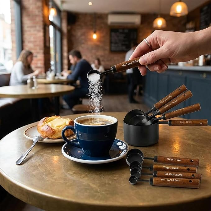 Measuring Cups and Spoons Set, 8PCS Stainless Steel Metal Measuring Cups, Walnut Wood Handle, Black Plated, For Dry and Liquid Ingredients