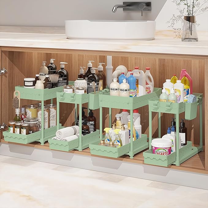 4-Pack 2-Tier Under Sink Organizer with Pull Out Drawers | Multi-use kitchen & bathroom storage. Includes hanging hooks and cups. Green, space-saving cabinet design. 12.8 Inch