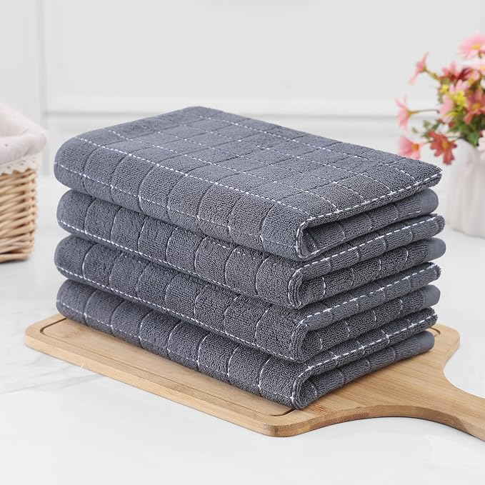 Homaxy 100% Cotton Terry Kitchen Towels, Large 4 Pack, Dark Grey | Ultra Soft and Absorbent Dish Towels for Kitchen, Suitable for Drying and Washing Dishes