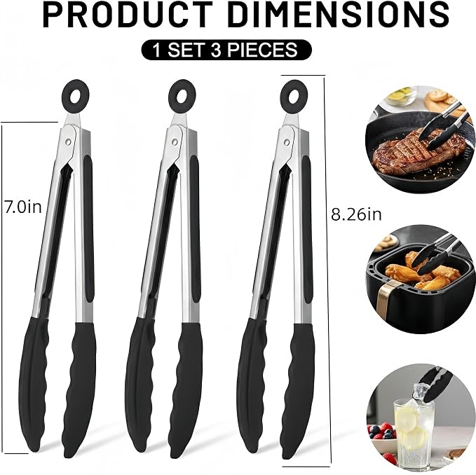 Mini Tongs with Silicone Tips, 7-Inch Small Serving Tongs for Cooking, Stainless Steel Food small tongs with Locking Mechanism for Salad, Taco Bar, Appetizers & Buffet, Set of 3