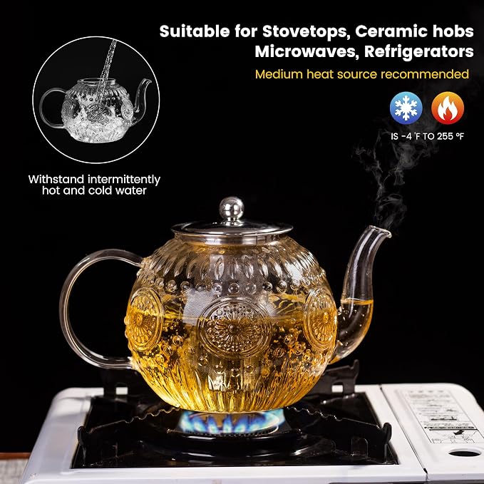 Amzcku 50OZ/1500ml Vintage Glass Teapot with Removable Infuser – Stovetop Safe, Borosilicate Glass Tea Kettle for Blooming & Loose Leaf Tea