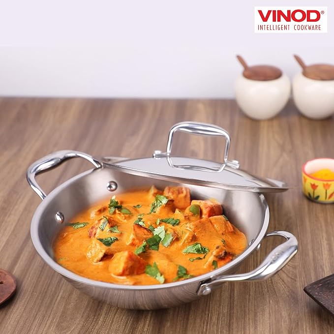 Vinod Platinum Triply Kadai with Lid, Extra Deep, 30cm, for Home Kitchen | Induction And Electric Friendly Stainless Steel Wok; Ideal For Indian Sauces, Stews And Soups
