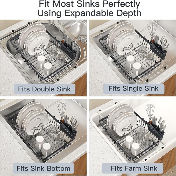 Grey Dish Drying Rack Over The Sink with Utensil Holder | Expandable Stainless Steel Dish Drainer for Small Kitchen, Apartment, RV, Counter Space Saving, Perfect Fit, Rustproof