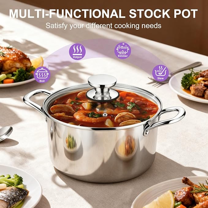 P&P CHEF 5 Quart Tri-Ply Stainless Steel Stock Pot, Cooking Pot with Lid | 5 Qt Stockpot for Soup Pasta Vegetable, Induction Cookware for All Stoves, Sturdy & Double Handle, Oven & Dishwasher Safe