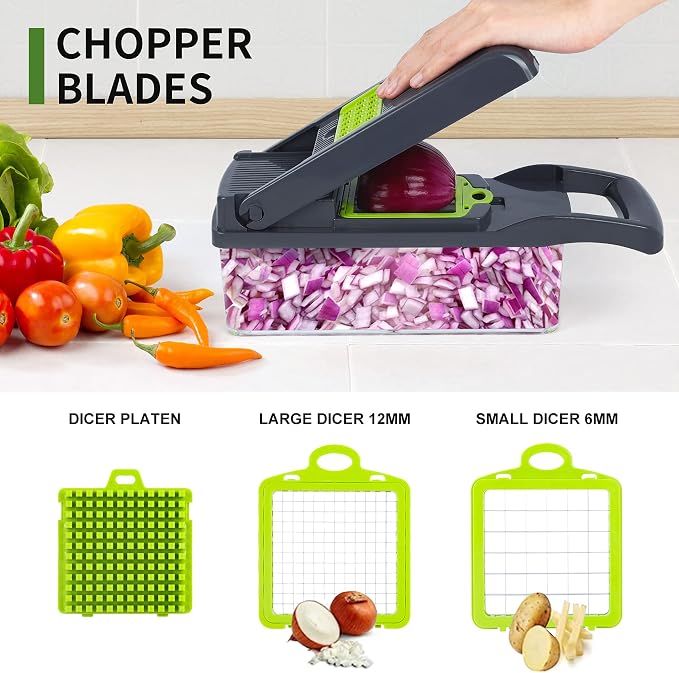 Vegetable Chopper Mandoline Slicer,Veggie Chopper, Multifunctional 10 in 1 Food Choppers, Kitchen Vegetable Slicer Dicer Cutter,Onion Mincer,Cheese,Colander Basket,Kitchen Gadgets (Gray/Green)
