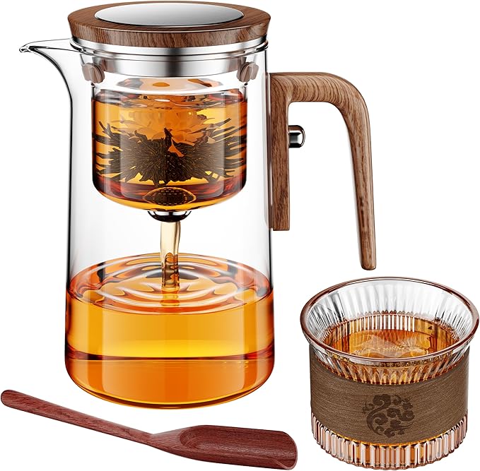 Enchanti Tea Pot, One Touch Glass Teapot with Infuser, Tea Maker for Loose Leaf Tea, Tea Gifts Set -27oz/800ml