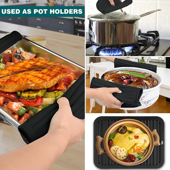 TOPULORS 3 PCS Silicone Trivets for Hot Pots and Pans 9"x12" Heat Resistant Mat Hot Pads for Kitchen Quartz Countertops - Dish Drying Mat Non-Slip Potholders Pot Holders Trivets for Hot Dishes - Black