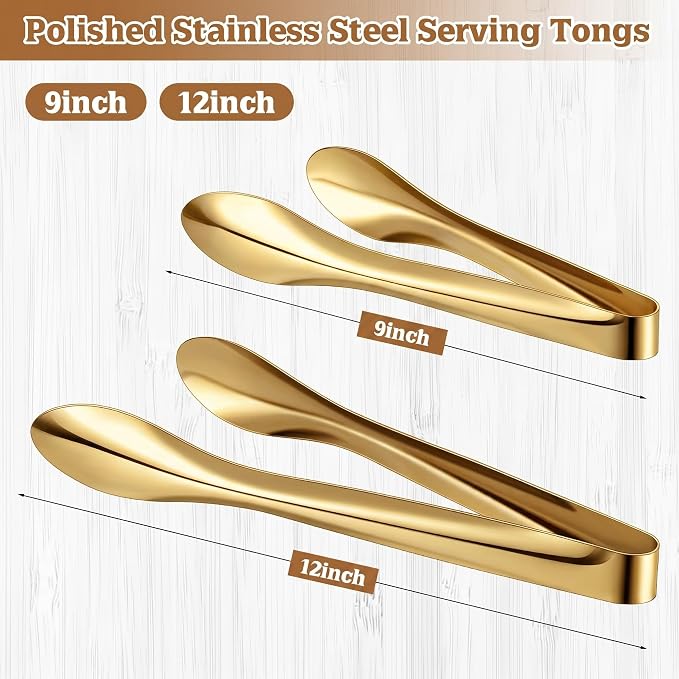 2 Pack Polished Stainless Steel Serving Tongs 9 and 12 Inch Metal Food Gold Tong for Buffet Salad BBQ Grilling Heavy Duty Kitchen Utensils for Cooking Catering Wedding Party