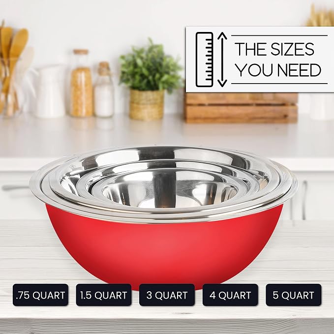 WHYSKO Stainless Steel Mixing Bowls Set, 5-Piece Meal Prep & Food Storage | .75, 1.5, 3, 4 & 5 Quart Metal Mixing Bowls Set for Prep, Serving, Baking & Food Storage, Ecofriendly, Dishwasher Safe, Red