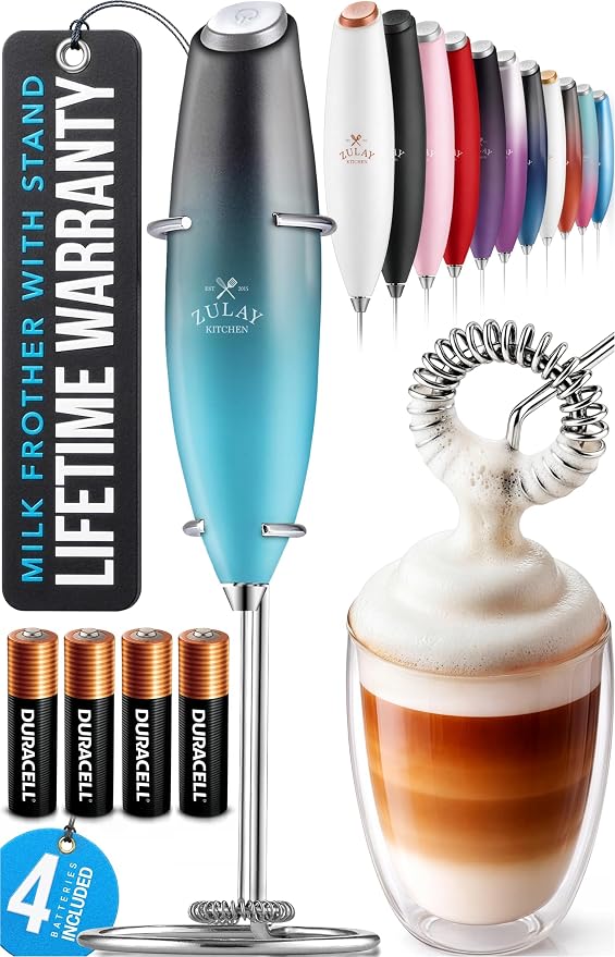 Zulay Kitchen Powerful Milk Frother Wand With Duracell Batteries - Ultra Fast Handheld Drink Mixer - Electric Whisk Foam Maker for Coffee, Lattes, Cappuccino & Matcha - Z1 Motor - Marine
