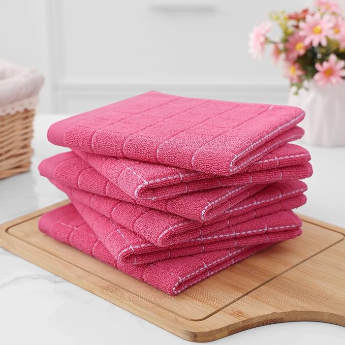 Homaxy 100% Cotton Terry Kitchen Towels, 12 Pack, Rose Red | Ultra Soft and Absorbent, Suitable for Drying and Washing Dishes