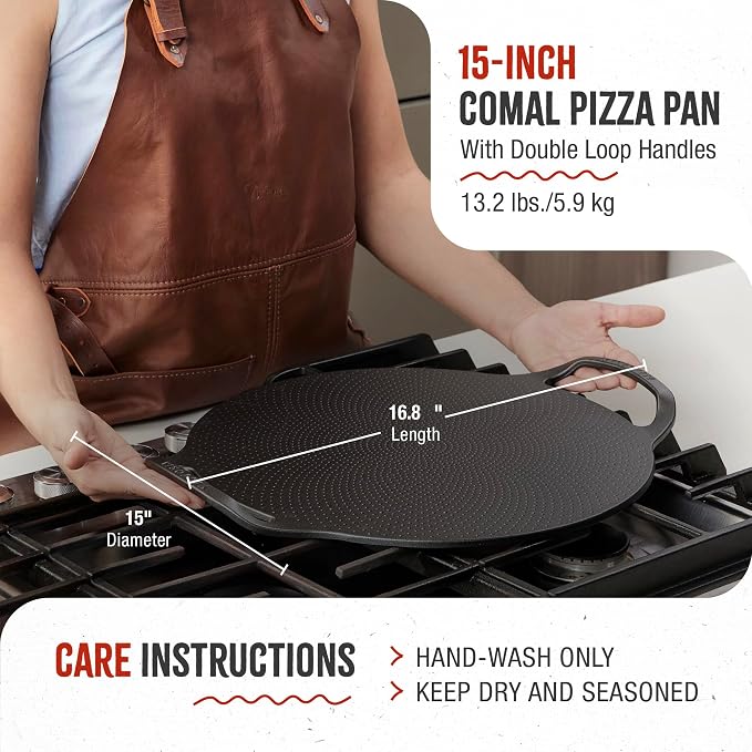 Victoria 15-Inch Cast Iron Comal Pizza Pan with 2 Side Handles, Preseasoned with Flaxseed Oil, Made in Colombia