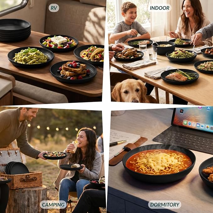 Wheat Straw Plates Sets 8 PCS Unbreakable Plastic Plates for Party, Camping, Picnic, Stackable Deep Dinner Plates Set Microwave & Dishwasher Safe Kitchen Plates for Dessert (Black, 9 inch)