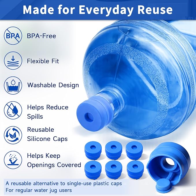 3 & 5 Gallon Water Jug Caps, 6 Pack, Fits 55mm Openings, Non-Spill Lids | 2-5 Gal Bottles, Reusable Silicone Water Bottle Caps, Refill Transport, Water Cooler Use, Bottle Pump Use, Side Pull Tabs