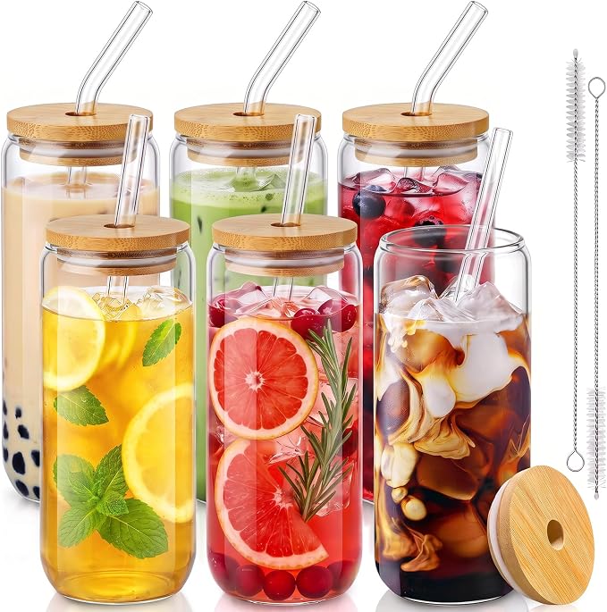 20 Oz Drinking Glasses - 6 Pcs Glass Cups with Bamboo Lids and Straws | Food-grade durable clear tumbler, Coffee bar accessories, Aesthetic gift, For beer, Iced tea, Include 2 cleaning brushes