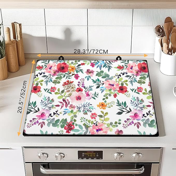 Watercolor Floral Stove Top Cover for Electric Stove,Extra Thick Natural Rubber Glass Top Protector,Prevents Scratching, Expands Usable Space 28x20