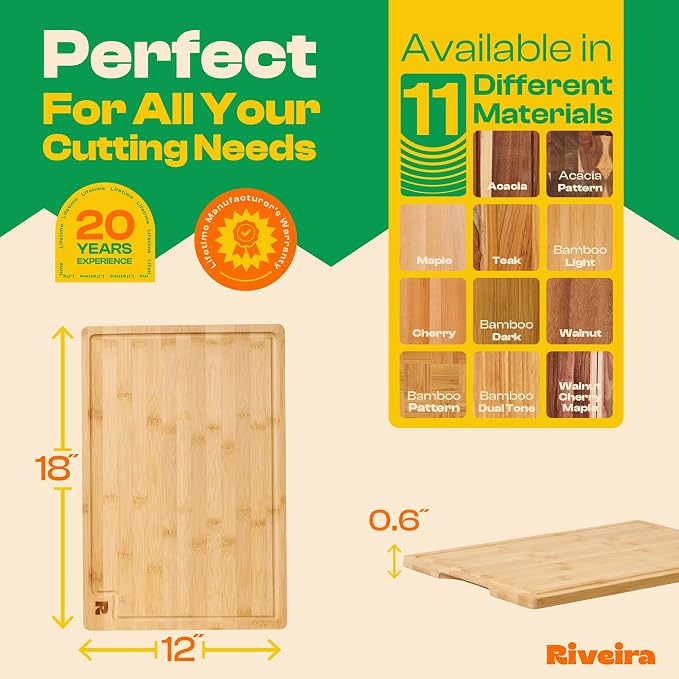 Riveira Bamboo Grandeur: 18 x 12 Bamboo Cutting Board Natural Wooden Cutting Board With Innovative Juice Grooves