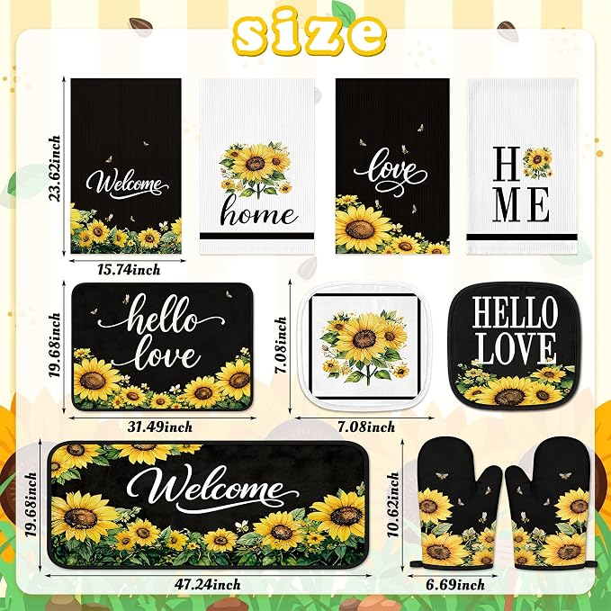 Tieshankao 10Pcs Sunflower Kitchen Decor Kitchen Accessories Set | Summer Yellow Towels Oven Mitts Pot Holders Rugs and Mats for Baking Housewarming Cooking Gifts