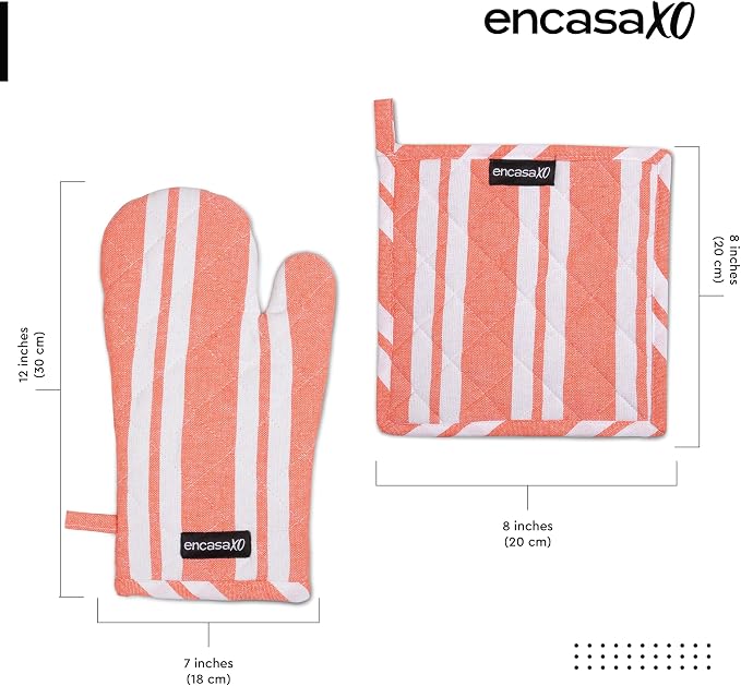 Encasa XO Oven Mitts and Pot Holders Set, Heat Resistant Cotton | Franca Orange Stripes, Diamond Quilted | Non-Slip Grip | Microwave & Oven Safe | Hanging Loop | Machine Washable | Set of 2