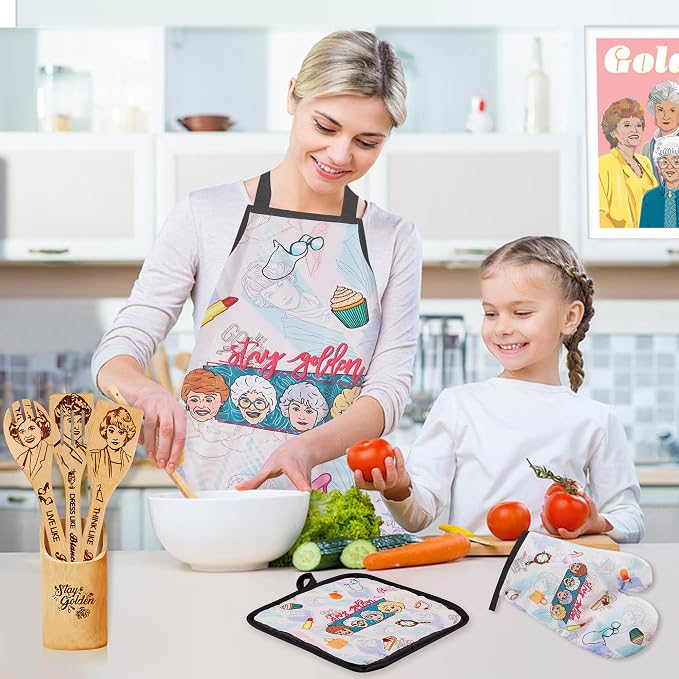 Golden Gifts for Women,Kitchen Utensils Set,Golden Wooden Cooking Spoons with Apron Oven Mitt Potholder for Fans,Great Birthday Wedding and Housewarming Christmas 8pcs