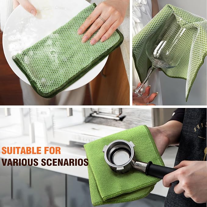Dish Cloths for Washing Dishes with Scrub Side, Microfiber Dish Rags | Dual-sided microfiber dish cloths with scrubber for stuck-on food, quick dry kitchen washcloths 9 Pack, 12" x 12 Inch Green