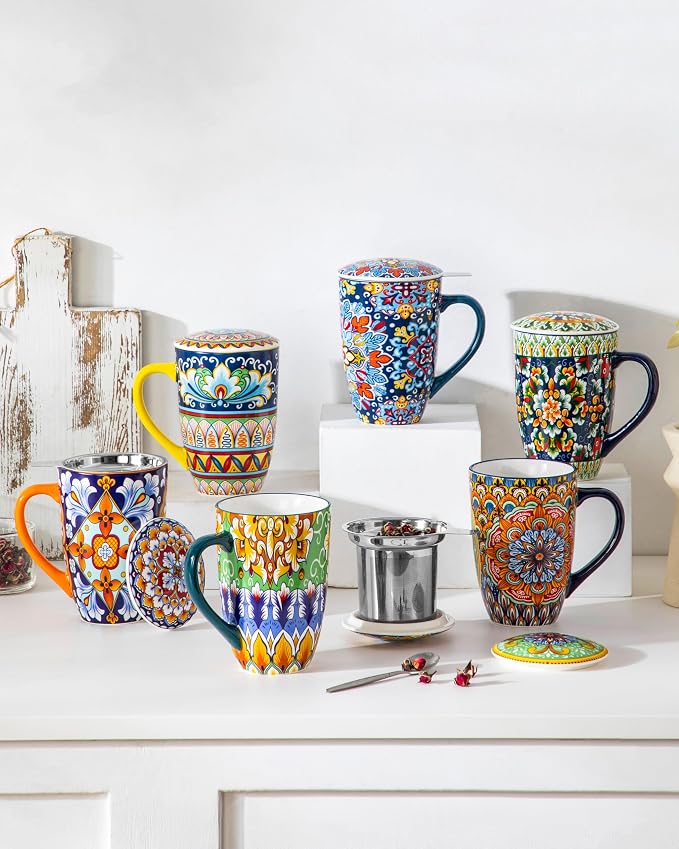 vancasso Ceramic Tea Mug with Infuser and Lid, 18 Ounce Bohemian Loose Leaf Cup, Microwave & Dishwasher Safe, Perfect for Tea, Coffee, Sage-Scarlet Floral