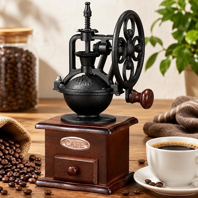 Vintage Manual Coffee Grinder with Cast Iron Ferris Wheel Hand Crank, Wooden Coffee Mill with Ceramic Burr, Adjustable Grind Size for Espresso, French Press, Pour Over, Home Barista Coffee Gift