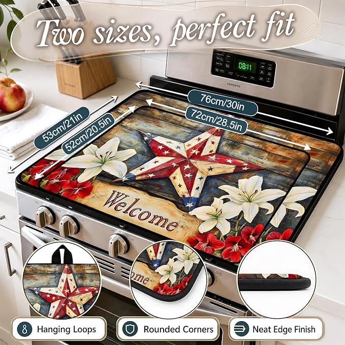 Patriotic Electric Stove Top Cover, Heat Resistant Glass Cooktop Protector for Kitchen Ceramic Countertops, Multiuse Stove Cover and Dish Drying Mat
