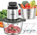 Ganiza Food Processor with Dual Bowls, 2-Speed Food Chopper & Meat Grinder | 8Cup Stainless & 8Cup Glass Bowls, Upgraded Button & Smart Overheat Protection Light - Includes Clean Brush, 2 Sets of Blades