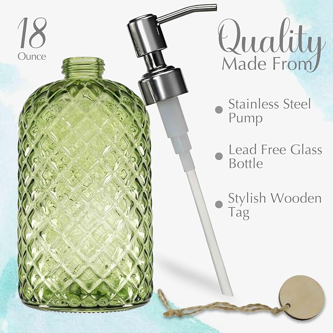JASAI 18Oz Tea Green Soap Dispenser with Rust Proof Pump | Refillable Glass Soap Dispenser for Bathroom & Kitchen to Dispense Dish Soap, Hand soap, liquid Soap, Lotion.