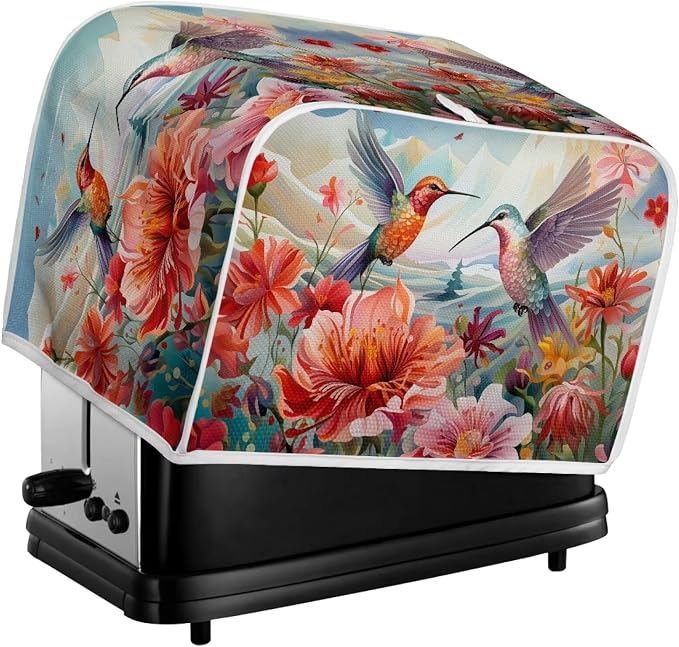 Hummingbird Flower Print Toaster Covers 2 Slice Wide Slot Dustproof Floral Fingerprint Protectors and Greasy Protection Anti-sputtering Machine Washable Women Gift