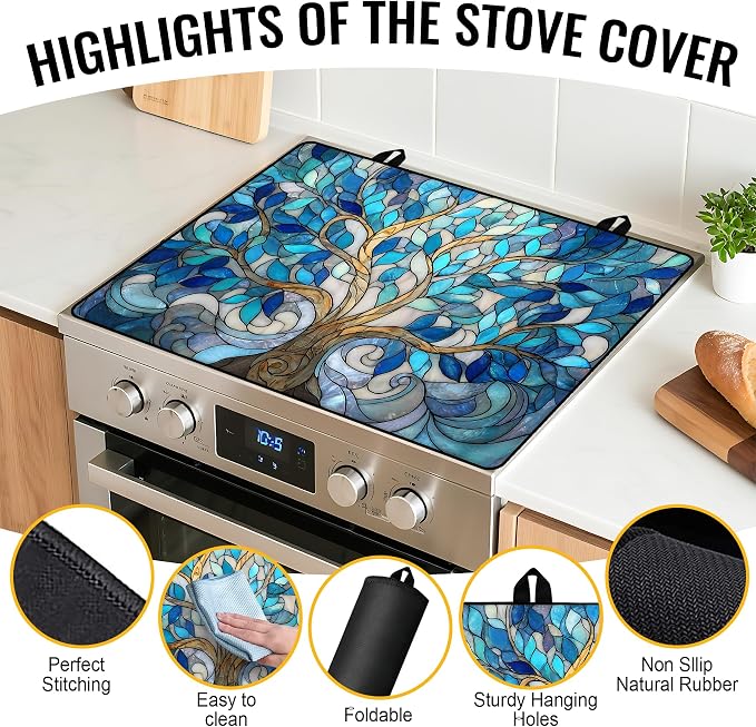 NYZE Electric Glass Stove Top Cover, Cooktop Protector for Extra Counter Space, Heat Resistant & Non-Slip Kitchen Mat - Blue Glass Tree of Life, 28" x 20"