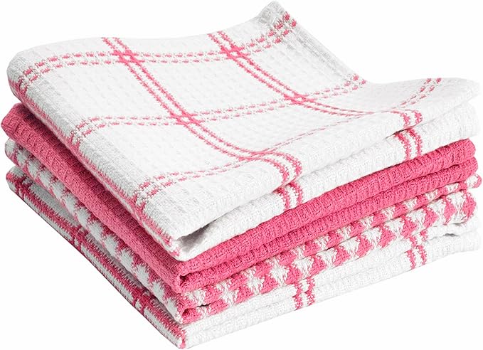 T-Fal Premium Waffle Dish Cloths: Highly Absorbent, Super Soft Long Lasting - 100% Cotton, 12"x13" Towel for Cleaning & Drying, (4-Pack), Pink