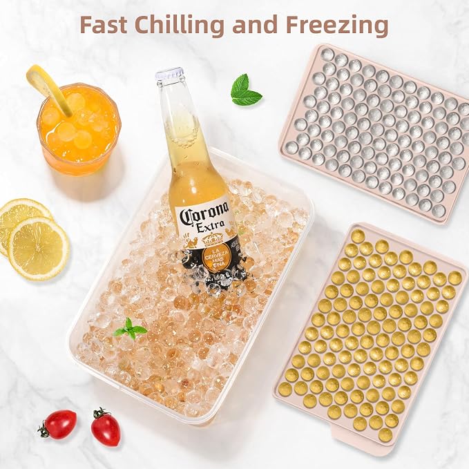 Mini Ice Cube Trays for Freezer with Lid, 0.55" Pebble Ice | 4 Trays-Pink, with Ice Box & Scoop. for Iced Coffee, Bottles, Juice & Everyday Drinks, Easy Twist Release, Stackable
