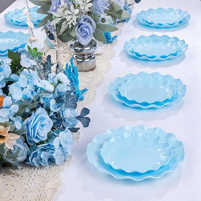 LIYH 24 Pcs Blue Plastic Plates Reusable - Unbreakable Light Blue Scalloped Plates,Dishwasher Safe Camping Plate for Parties,Birthday,Picnics,BPA Free (12Guests)