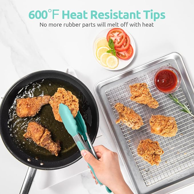 U-Taste Kitchen Tong for Cooking, 600ºF Heat-Resistant Tps, 9in/Aqua Sky | Rubber Tong for Serving Food, Salad/Grill/BBQ/Steak/Pasta Silicon Tongs, 18/8 Stainless Steel Handle & Smooth Locking