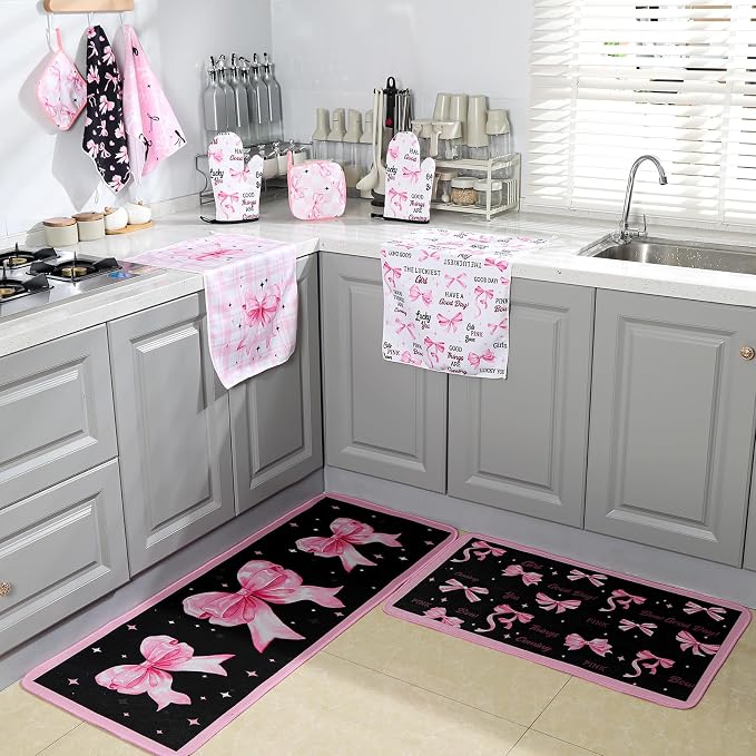 Fourluoo 10 Pcs Bow Kitchen Dish Towels Rugs Oven Mitts and Pot Holders Set Farmhouse Kitchen Decor Set for Women Mom Daughter Gift Cooking Baking Grilling(Black, Pink)