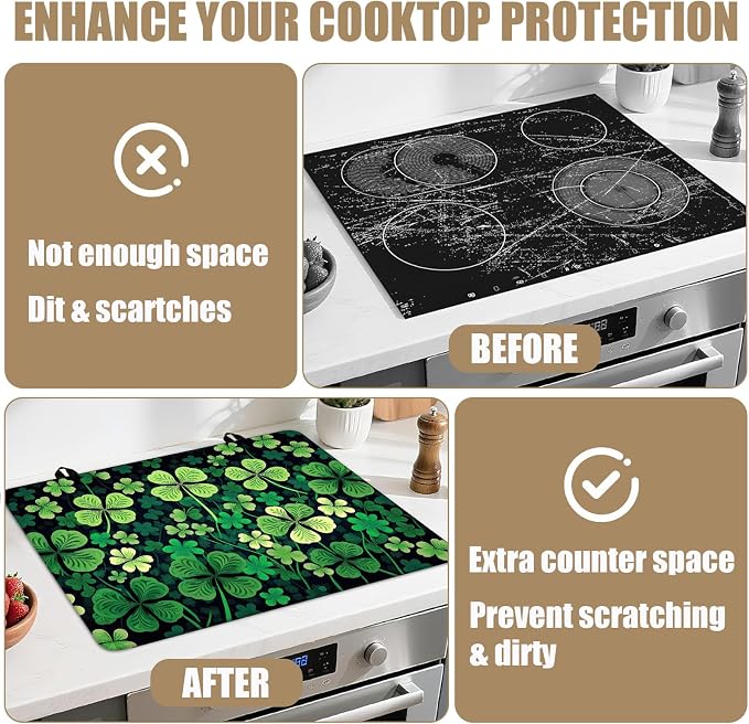 Green Clover Shamrock Stove Top Covers for Electric Stove, St.Patrick's Day Electric Gas Stove Pad Heat Resistant Range Cooktop Protector for Home Decor Kitchen 28"x20"