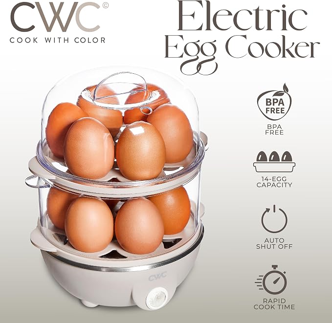 COOK WITH COLOR 350W Electric Double Layer Egg Cooker - Egg Boiler for Hard Boiled, Soft Boiled, and Omelettes, 6.1x6.1x8.7, Sand