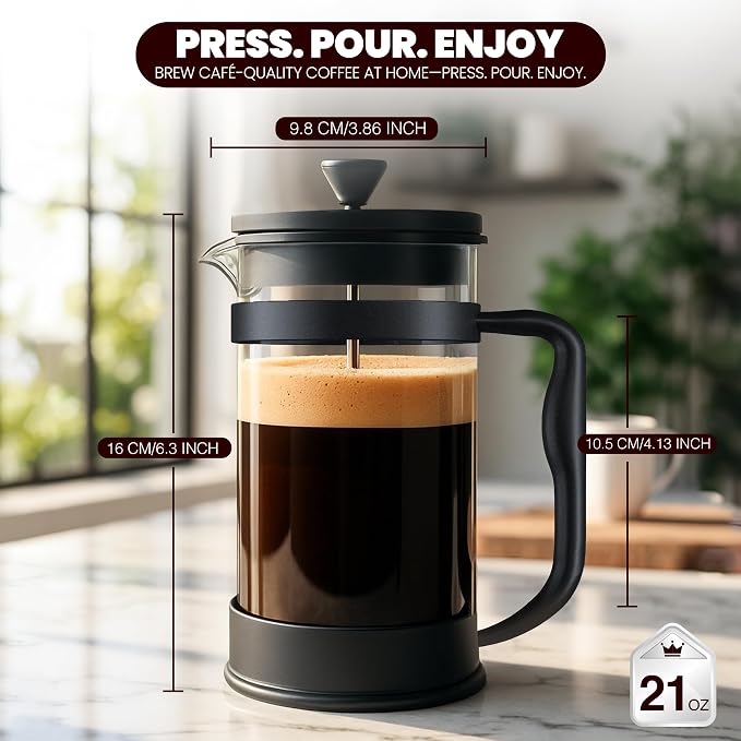 Utopia Kitchen Borosilicate Glass French Press Coffee Maker 21 Oz, Black | Heat-Resistant Cafetiere & Tea Maker, Thickened Glass Coffee Press for Travel and Camping