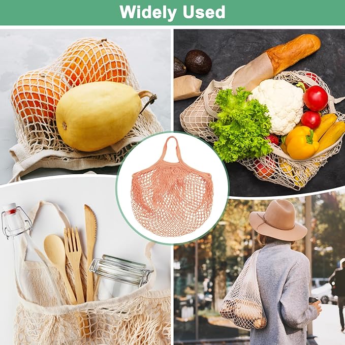 M METERXITY 2-Pack Cotton Mesh Bag, Reusable Washable Mesh Net String Grocery Bags, Reusable Produce Bags with Handle, Net Tote Bag for Fruits Shopping [Pink Brown, Long&Short Handle]