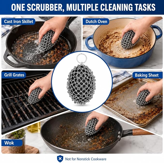 Cast Iron Scrubber Chainmail Set – 316 Stainless Steel Dish Scrub Brush for Cast Iron Skillet Pan Cleaner, Dutch Oven, Wok & Non-Stick Cookware | Dishwasher Safe – Black Double Ring