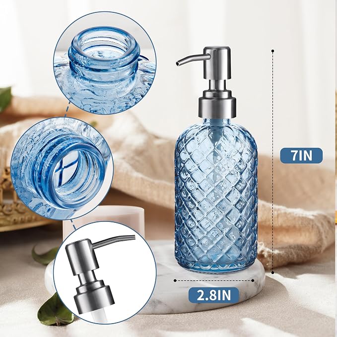 Kaishun Refillable Glass Soap Dispenser (2PC) for Hand Soap & Lotion, Blue